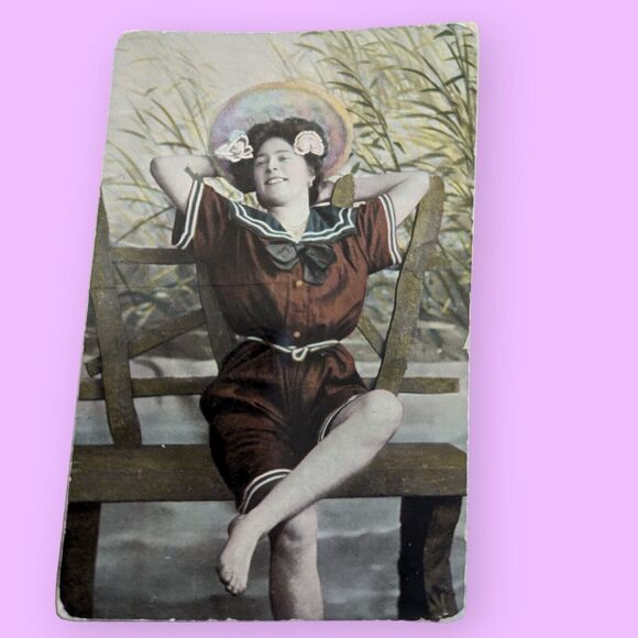 RPPC c1910s Pretty Young Woman in Sailor Suit Sitting Bench Hat Saxony Arnochrom - Picture 1 of 8